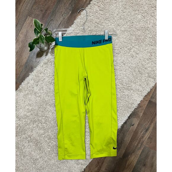 Nike Pro Size Medium Neon Yellow Green Blue Capri High Waisted Leggings - Picture 1 of 5